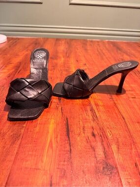 Vince Camuto Black Braided Leather Mule Heels